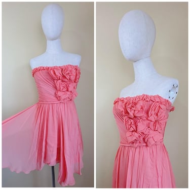 Y2k Vintage Robert Rodriguez Silk Chiffon Dress / Peach Pink Strapless Ruffled Gathered Fairy Party Dress / Size XS - Small 