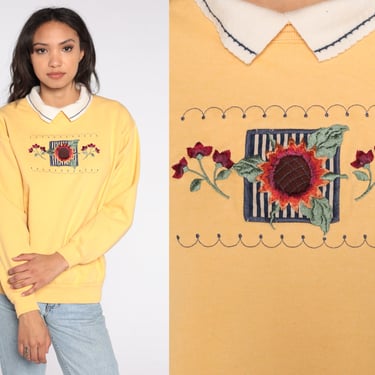 Floral Embroidered Sweatshirt 90s Yellow Collared Sweatshirt Sunflower Jumper Shirt 1990s Pullover Sweater Vintage Kawaii Medium M 