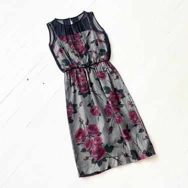 1960s Rose Print + Black Chiffon Dress 