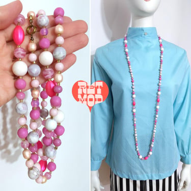 Pretty Vintage 60s 70s Pink Glass Beaded Long Statement Necklace 