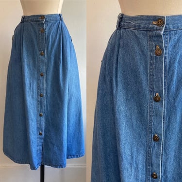 Vintage 80s 90s DENIM MIDI Skirt / POCKETS + Pleats + Brass Buttons 