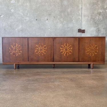 Cal-Mode Four-Bay Walnut Credenza With Sun Inlay