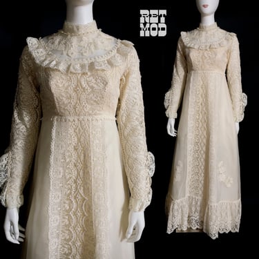 Lacy Beauty Vintage 70s Off-White Victorian Style Boho Dress 