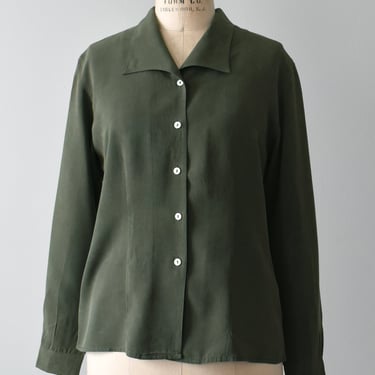 vintage olive silk button down shirt, size s 