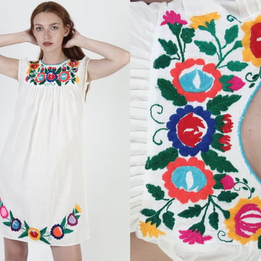 Bright Floral Mexican Summer Dress / Vintage Embroidered CoverUp Dress / Womens Thin White Cotton Mini Sundress 
