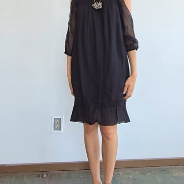 Sheer Sleeve Black Silk Bubble Dress (S)