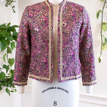 Vintage 1960s Jacket | 60s Psychedelic Metallic Floral Pink Purple Gold Evening Party Coat | small 