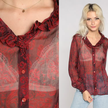 Sheer Silk Blouse Y2K Red Jacquard Print Button Up Top Boho Retro Ruffle Bohemian Long Sleeve Romantic Party Chic Vintage 00s Small S 