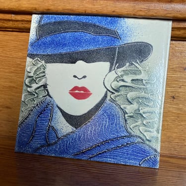 80s Woman Portrait Enamel Tile Art 