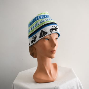 1980s Knit Beanie with Deer Design 