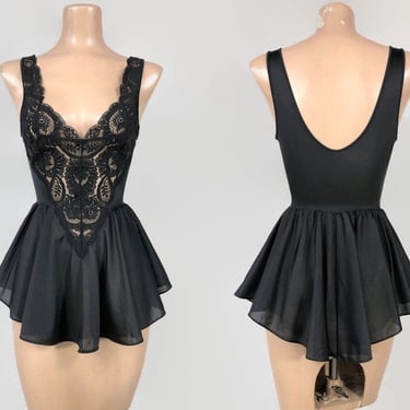 VINTAGE 80s Black Mini OLGA Babydoll Nightgown | Stretch Lace Sweetheart Bodice | Full Princess Shortie Gown | Size S Style 90480 