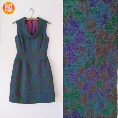 Retro Vintage 60s Dark Green & Blue Floral Woven Sleeveless Mod Dress 