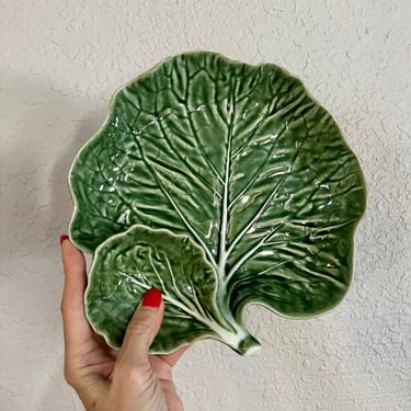 Vintage Cabbageware Dip Server | Boradallo Pinneiro Portugal | Green Majolica Platter | Green Pottery Tray | Chip and Dip 