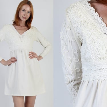 60s Ivory Origami Wedding Dress, Bridal Party Sheer Crochet, Vintage Solid Color Plain Mini Gown 