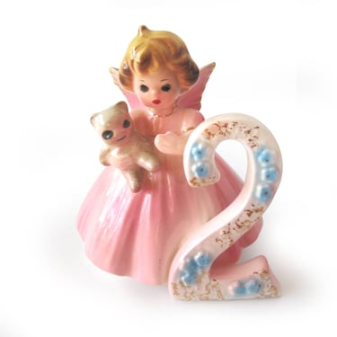Vintage Ceramic 2nd Birthday Angel Figurine, Girl with Pink Dress and Teddy Bear, Signed Josef Originals, Early Years Age 2 