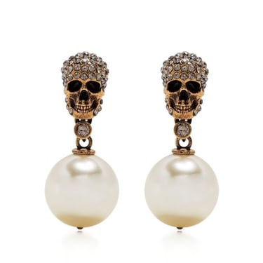 Alexander Mcqueen Women Pearl Pave Skull Earrings In Antique Gold
