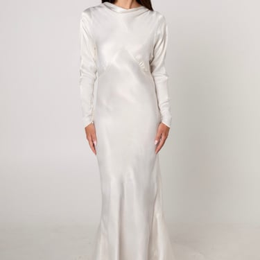 1930s White Satin Long Sleeve Wedding Gown