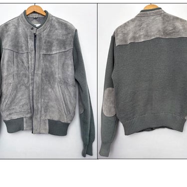 Grey Suede Leather Jacket Sweater Coat Vintage 60's, 1970's LARGE Men's Gender Neutral Hippie Boho MOD style 