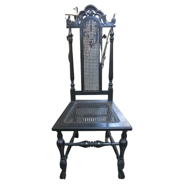 Hand Carved Black Stained Oak Gothic Revival Side Chair w/ Wicker Seat 