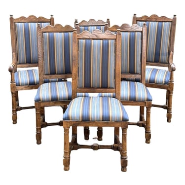 Vintage English Tudor Style Solid Oak Dining Chairs - Set of 6 