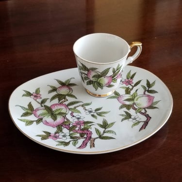 Vintage Plate and Tea Cup Set with Pink Plum Pattern / Mid Century Snack Set / Retro Pink Floral Luncheon Plates 