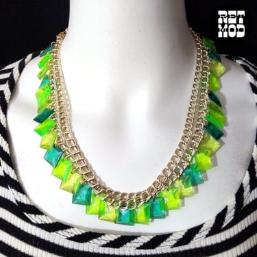 So Unique Vintage 60s 70s Green Square Beaded Charm Necklace 