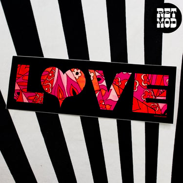 Exclusive RetMod Psychedelic "LOVE" Mini Bumper Sticker with Psychedelic Pink & Orange Pattern with Heart - GROOVY! 