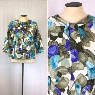 Vintage 60s blouse | Vintage NOS green blue floral shirt | 1960s deadstock bow tie top 