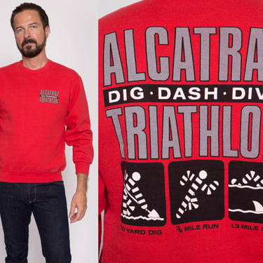 M| 90s Alcatraz Triathalon Sweatshirt - Men's Medium | Vintage Red San Francisco Crazy Shirts Funny Graphic Crewneck 