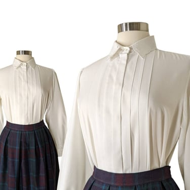 Vintage Pleated Button Blouse, Medium / White Cotton Blend Button Blouse / Embroidered Prairie Blouse / Plain White Cottagecore Dress Shirt 