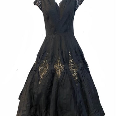 50s Charles Glueck Black Silk Taffeta Party Dress with Lacy Detail