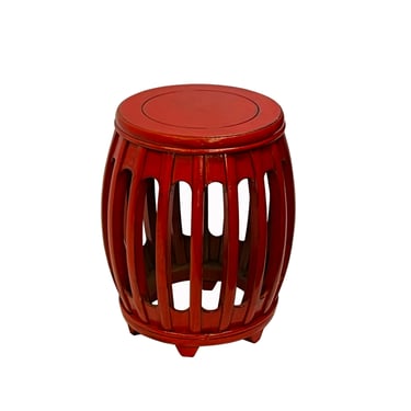 Chinese Oriental Distressed Orange Red Round Barrel Wood Stool Table ws3035E 