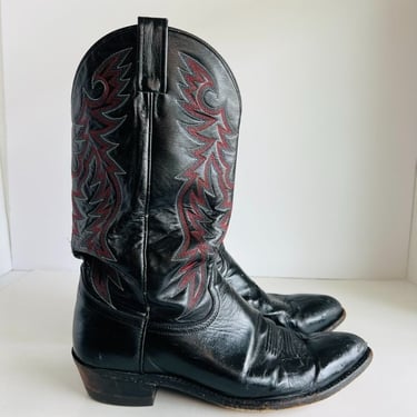 Dan Post Black Genuine Leather Red Stitched Western Pointed Toe Boots 