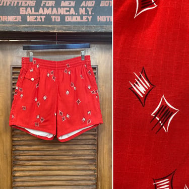 Vintage 1950’s Original Atomic Pattern Rayon Rockabilly Swim Trunks Shorts, 50’s Vintage Clothing 