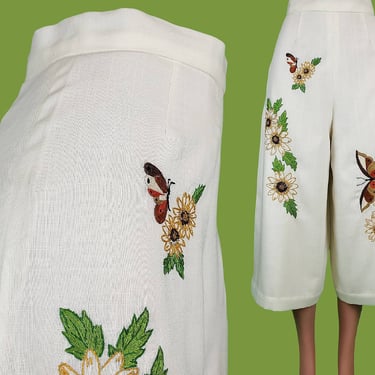 Embroidered butterfly gaucho culottes from the 70s. Crewel stitching on white polyester linen. Fully lined. Beach pants. (27 waist/41 hips) 