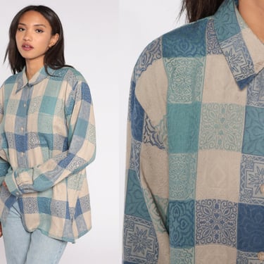 Geometric Checkered Shirt 90s Buffalo Plaid Button Up Blouse 1990s Taupe Blue Collared Vintage Long Sleeve Plus Size 20 3xl xxxl 