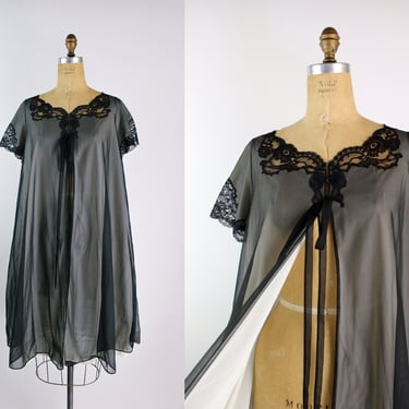 50s Black Lace Robe / Vintage Warners Robe / Black Robe / Vintage Lingerie/ Size S/M 