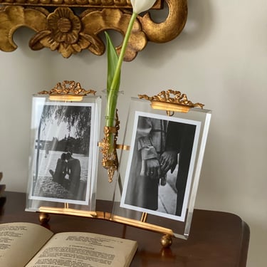 rare turn of the century French Napoleon III beveled glass double portrait frame and posey vase