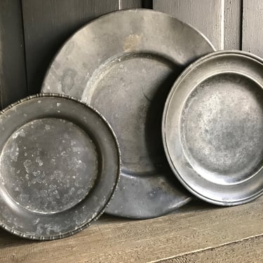 Antique French Pewter Plates, Set of 3, Rustic Primitive Decor, Hallmarked 