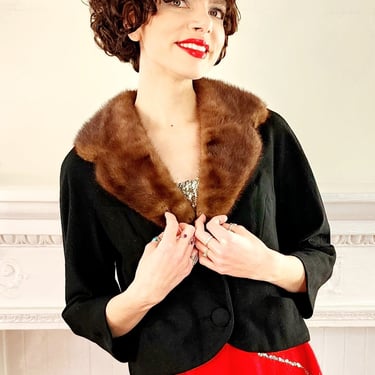 50s Black Wool Blazer w-Brown Mink Fur Collar - Designer's Shop Chas A Stevens - M 