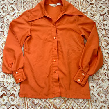 Vintage 70s Orange Disco Dagger Collar Button Down Shirt Polyester Medium Unsex by TimeBa