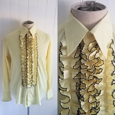 1970's Pale Yellow Black Ruffled Tux Button Down Dress Shirt I Sz Med I Sz 42