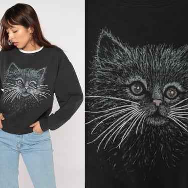 Glitter Kitten Sweatshirt 90s Cat Face Sweatshirt Retro Animal Graphic Sweater Cute Kitty Kawaii Novelty Black Vintage 1990s Mens Medium M 
