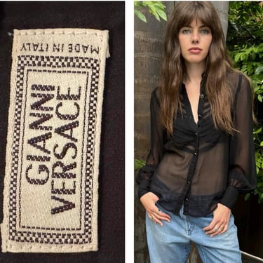 GIANNI VERSACE sheer Black Blouse details chic 70s 80s designer S M 