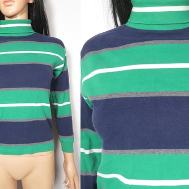 Vintage 90s Striped Turleneck All Cotton Tshirt Size XS/S Or Youth L 