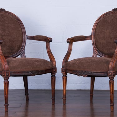 Antique French Louis XVI Style Walnut Armchairs W/ Brown Velvet - A Pair 