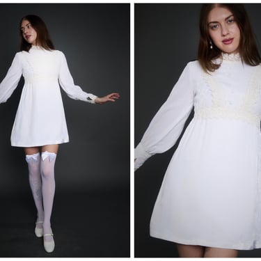 Vintage 1970s 70s Ice White Crushed Velvet Mini Dress w/ Crochet Trim, Empire Waistline, Bishop Sleeves // Wedding Bridal Elopement 