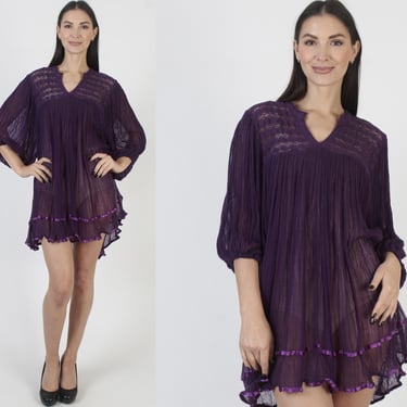 Purple Gauze Mini Dress, Lightweight Thin Balloon Sleeve Tunic, Oversized Sheer Beach Cover Up Sundress 