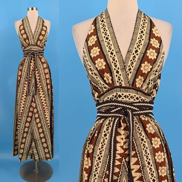 Vintage 70s Lanz Original Small Halter Maxi Dress - Seventies Tiki Print Summer Dress 