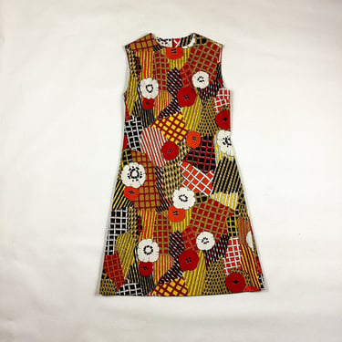 1960s Patchwork Print Floral Poppy Criss Cross Print Dress / Shift Dress /  Cotton / Autumnal / Brown and Orange / 1970s / Mod / Go Go /  M 